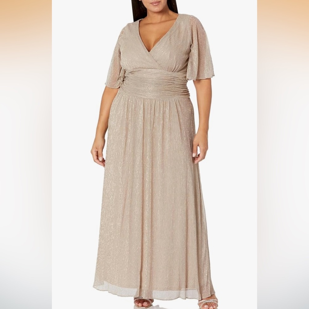 SLNY Shimmering Taupe Maxi Formal Dress, Sz 20W & 22W available NWT